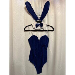 Blue Velvet Bunny Costume Bodysuit With Lace-Up Back Clear Straps Bow Tie Collar